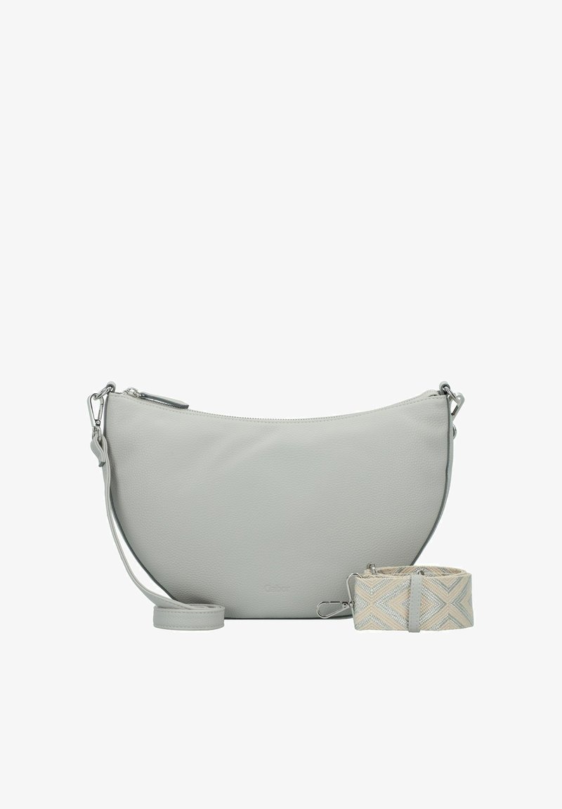 Borsa a spalla in pelle grigia con design arrotondato, chiusura con zip e tracolla staccabile con motivo in crema e beige. Presenta accessori in argento.