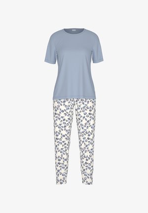 Vaaleansininen, lyhythihainen paita pyöreällä pääntiellä, yhdistettynä kermaan värisiin housuihin, joissa on sininen ja vaaleanpunainen leopardikuvio kauttaaltaan.