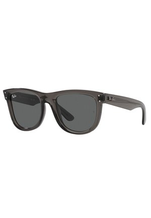 Occhiali da sole Ray-Ban con forma rotonda, montatura in plastica grigia, lenti scure e logo discreto sulla asta. Texture liscia e design classico.
