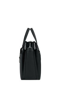 Black tote bag with a structured design, smooth leather handles, and silver hardware accents. Features side pockets and a zipper closure.