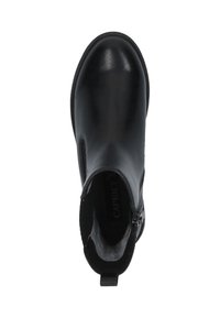 Botín negro hasta el tobillo con exterior de piel suave, paneles laterales elásticos y una pequeña tira de agarre. Cuenta con una cremallera lateral para facilitar el acceso.