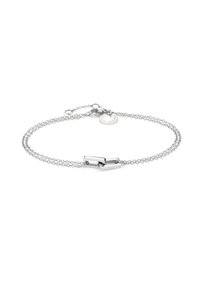 Bracciale in argento con due anelli rettangolari intrecciati, finitura lucida e chiusura a molla con un ciondolo logo.