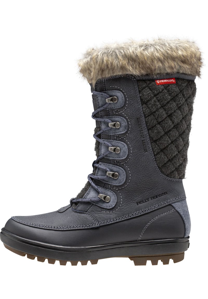 Donkerblauwe winterlaars met nepbontafwerking, bovenwerk van grijs gestikt stof, metalen haken en een rubberen zool met structuur voor grip.