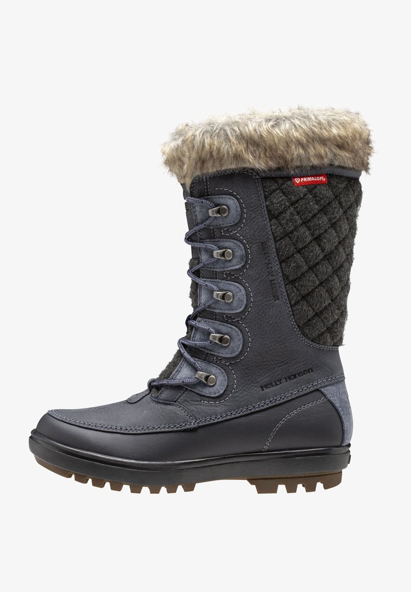 Donkerblauwe winterlaars met nepbontafwerking, bovenwerk van grijs gestikt stof, metalen haken en een rubberen zool met structuur voor grip.