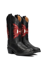 Black leather cowboy boots featuring red and white decorative accents, scalloped edges, and a stacked heel. Stitched detailing at the toe.