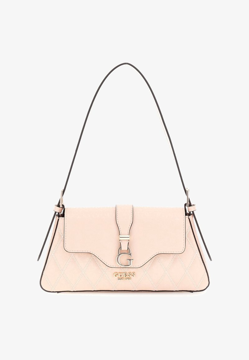 Sac bandoulière en cuir beige avec surpiqûres en forme de losange, fermeture à rabat, breloque argentée "G" et bandoulière réglable.