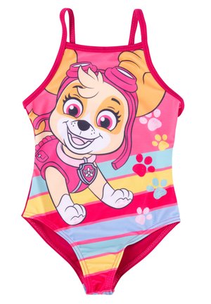 Costume da bagno intero colorato con un cane dei cartoni animati con dettagli rosa, impronte di zampe giocose e strisce orizzontali in tonalità di rosa, blu e giallo.