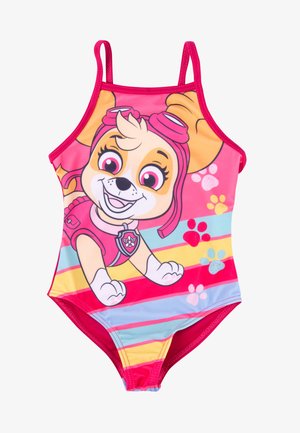 Costume da bagno intero colorato con un cane dei cartoni animati con dettagli rosa, impronte di zampe giocose e strisce orizzontali in tonalità di rosa, blu e giallo.