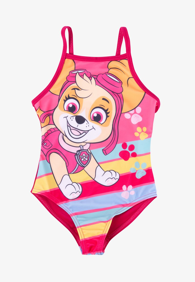 Colorful one-piece swimsuit featuring a cartoon dog with pink accents, playful paw prints, and horizontal stripes in shades of pink, blue, and yellow.