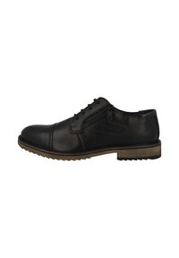 Chaussures en cuir noir à lacets avec un bout rond, semelle contrastante et accents texturés sur les côtés. Présentent un détail de couture sur la tige.