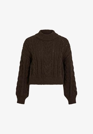 Suéter corto color marrón oscuro con cuello alto, que presenta un patrón de punto trenzado texturizado y mangas largas.