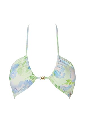 Φωτεινό πράσινο μπικίνι τοπ με μπλε και ροζ λουλουδένιο σχέδιο, λεπτές τιράντες στους ώμους και ένα μικρό χρυσό κούμπωμα στο κέντρο μπροστά.
