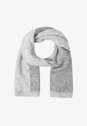 Sciarpa grigia con design a gradiente che presenta tonalità più chiare e più scure, realizzata in tessuto morbido, con una texture liscia e senza accessori visibili.