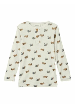 Langarm-Cremeshirt mit einem wiederholten Druckmuster von Vintage-Flugzeugen in Braun und Blau, ausgestattet mit einer Knopfleiste mit drei Knöpfen.