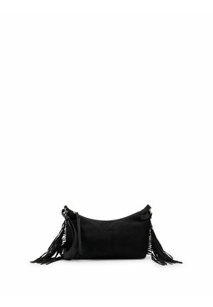 Black suede shoulder bag with zipper closure and long fringe details on both sides against a white background.