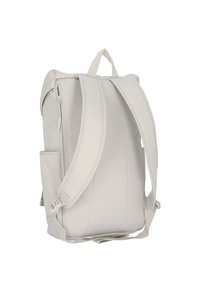 Light gray backpack with padded straps, a side pocket, and a zipper closure. Made from fabric, featuring a streamlined design.
