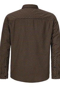 Längeres kariertes Hemd in Braun und Schwarz mit Knopfkragen, Knopfmanschetten und strukturierter Stoffqualität.