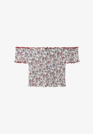 Schulterfreies Oberteil aus weißem Stoff mit rotem und blauem Blumenmuster. Verfügt über geraffte Details und Rüschen entlang des Halsausschnitts und der Ärmel.