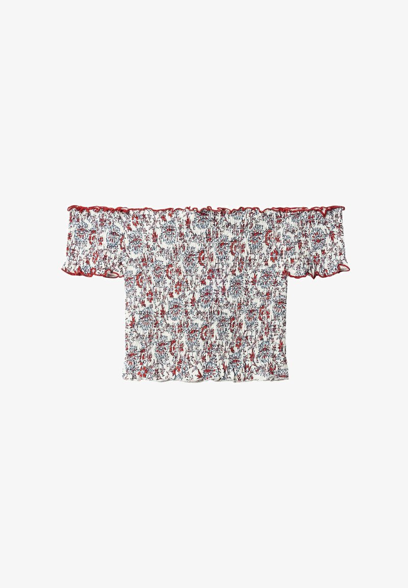 Top bez ramienok z bielej látky s červeným a modrým kvetinovým vzorom. Má nariasený detail a volánové okraje pozdĺž výstrihu a rukávov.