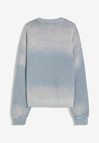 Long-sleeve crewneck sweatshirt with a faded blue-gray tie-dye pattern, ribbed cuffs, and hem, shown from the back.