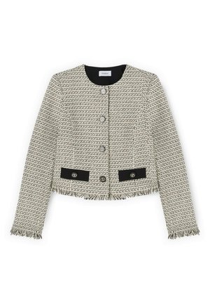 Beige and black tweed cropped jacket with round neckline, four silver buttons down front, black pockets with buttons, and fringed edges.