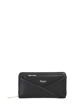 Black leather wallet featuring a geometric design with a zippered pocket, gold-tone logo, and contrasting textured accents.