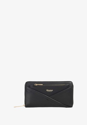 Black leather wallet featuring a geometric design with a zippered pocket, gold-tone logo, and contrasting textured accents.