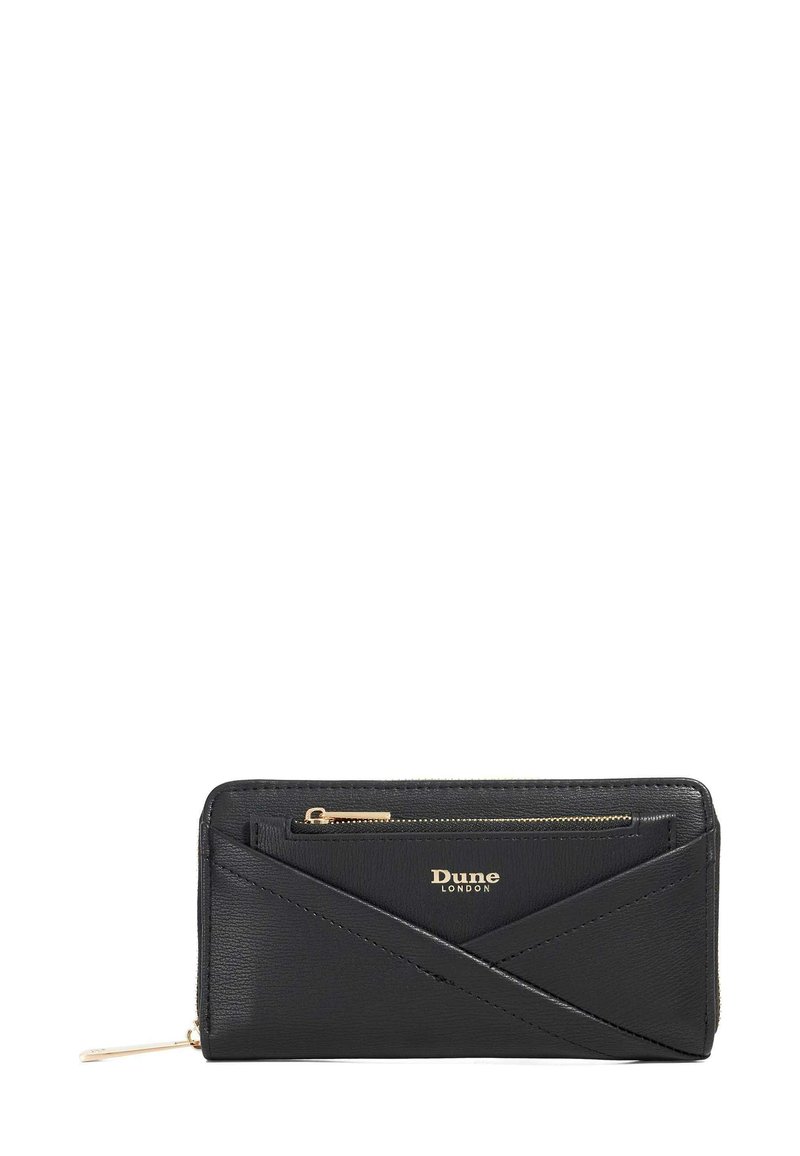 Black leather wallet featuring a geometric design with a zippered pocket, gold-tone logo, and contrasting textured accents.