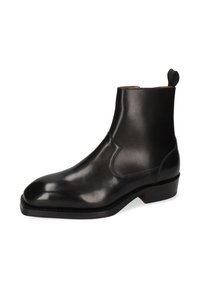 Czarne skórzane botki za kostkę z eleganckim designem, gładką faktur�ą, okrągłym noskiem i boczną elastyczną wstawką. Niski, ząbkowany obcas.