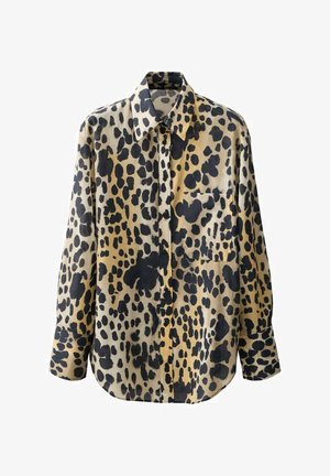 Camicia a maniche lunghe realizzata in tessuto morbido; presenta una stampa maculata nera e beige, con chiusura a bottoni e taschino sul lato sinistro del petto.