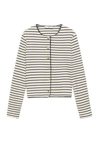 Gestreiftes Langarmoberteil in Creme mit navyblauen horizontalen Streifen, mit rundem Ausschnitt und sechs goldenen Knöpfen vorne. Kurze Länge.