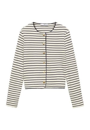 Gestreiftes Langarmoberteil in Creme mit navyblauen horizontalen Streifen, mit rundem Ausschnitt und sechs goldenen Knöpfen vorne. Kurze Länge.