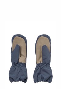 Blaue und beige Fäustlinge mit einem elastischen Handgelenk, die aus einem glatten Stoff bestehen, abgerundete Spitzen haben und einfarbig gestaltet sind.