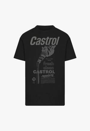 Black T-shirt with vintage Castrol oil advertisement showing a hand pouring oil and text promoting engine protection.
