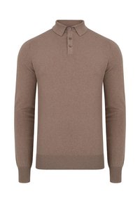 Brązowy sweter polo z długim rękawem wykonany z miękkiej tkaniny. Posiada klasyczny kołnierz, zapięcie na trzy guziki oraz ściągacze przy mankietach i u dołu.