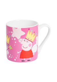 Tazza in ceramica bianca con un esterno rosa, decorata con un disegno di un maialino dei cartoni animati che indossa una corona e ali, circondato da stelle.