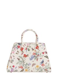Floral-print handbag with a structured design, made of leather. Features colorful flowers, butterflies, and birds on a cream background.