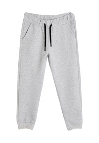 Pantalones de chándal grises hechos de material suave, con una cinturilla elástica y cordones negros, dos bolsillos laterales y puños ajustados.