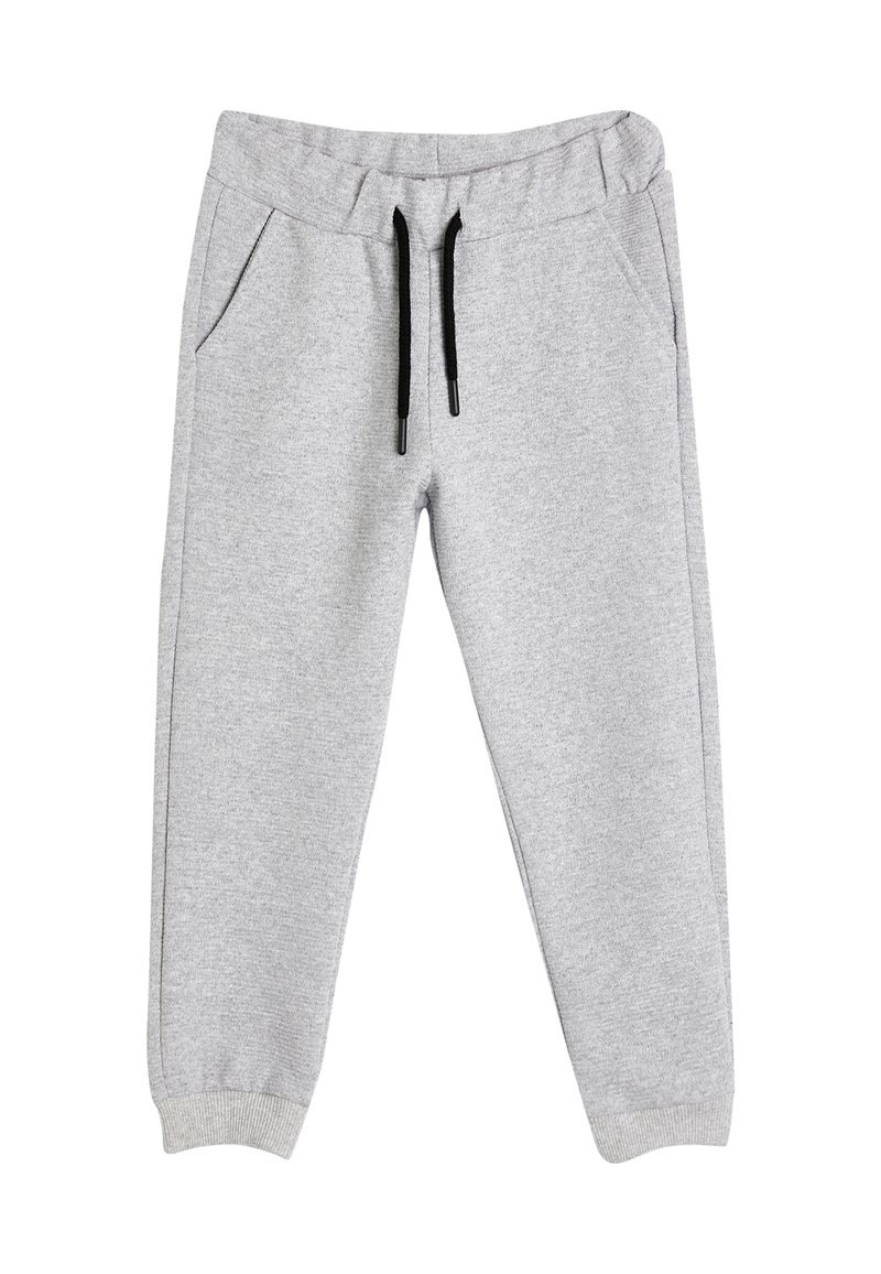 Pantalones de chándal grises hechos de material suave, con una cinturilla elástica y cordones negros, dos bolsillos laterales y puños ajustados.