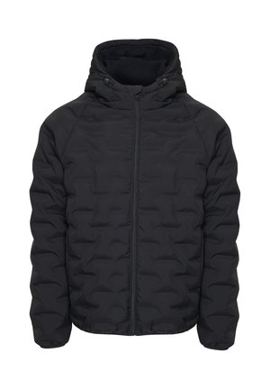 Schwarze, gestepfte Pufferjacke mit Kapuze, ausgestattet mit einem Reißverschluss vorne und elastischen Bündchen. Glattes, wasserabweisendes Material mit strukturierter Oberfläche.