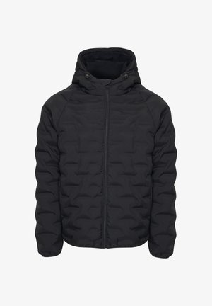 Czarna pikowana kurtka puchowa z kapturem, z suwakiem z przodu i elastycznymi mankietami. Gładki, wodoodporny materiał z fakturowanym wykończeniem.