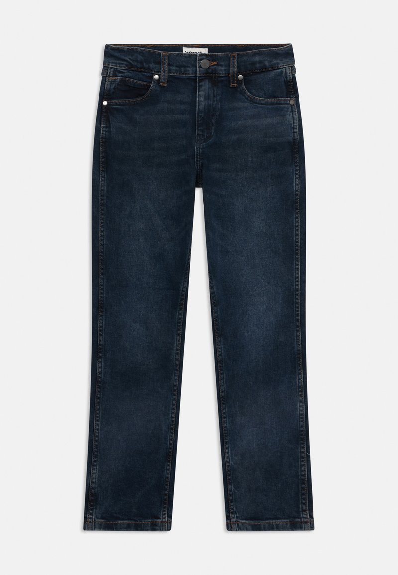 Tmavo modré rovné džínsy vyrobené z denimu. Medzi vlastnosti patrí päť vreciek, kovové gombíky a kontrastné švy pozdĺž švov.