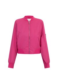 Giacca bomber rosa cropped realizzata in tessuto morbido, con zip frontale, polsini a coste e due tasche laterali.