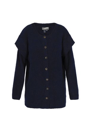 Navy blue knitted cardigan with long sleeves, round neckline, and seven front buttons. Features textured fabric and loose fit.