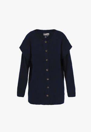 Granatowy sweter z dzianiny z długimi rękawami, okrągłym dekoltem i siedmioma guzikami z przodu. Posiada teksturowany materiał i luźny krój.