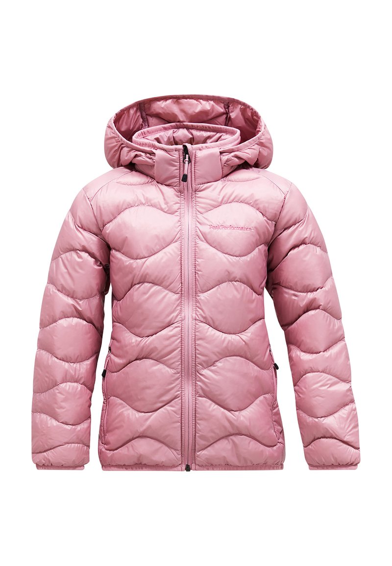Giacca a vento rosa con cappuccio, caratterizzata da un motivo a onde trapuntato, chiusura frontale con zip e tasche laterali. Realizzata in materiale lucido e leggero.