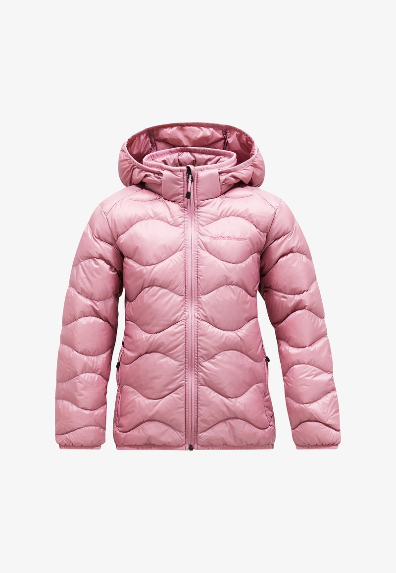 Giacca a vento rosa con cappuccio, caratterizzata da un motivo a onde trapuntato, chiusura frontale con zip e tasche laterali. Realizzata in materiale lucido e leggero.