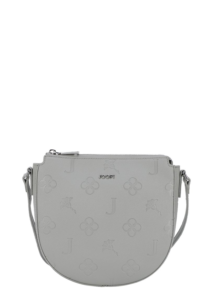 Borsa a tracolla grigio in pelle sintetica con motivi floreali in rilievo e logo metallico. Presenta una forma curva e una tracolla removibile.