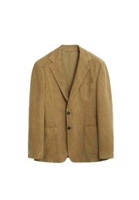 Blazer de pana marrón con solapa de muesca, dos bolsillos frontales y tres botones. La tela tiene una textura acanalada y un ajuste estructurado.