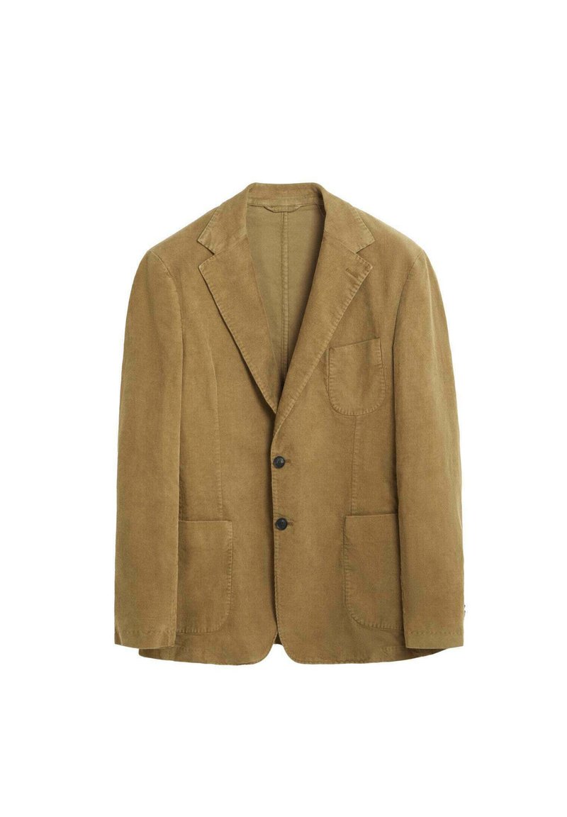 Blazer de pana marrón con solapa de muesca, dos bolsillos frontales y tres botones. La tela tiene una textura acanalada y un ajuste estructurado.